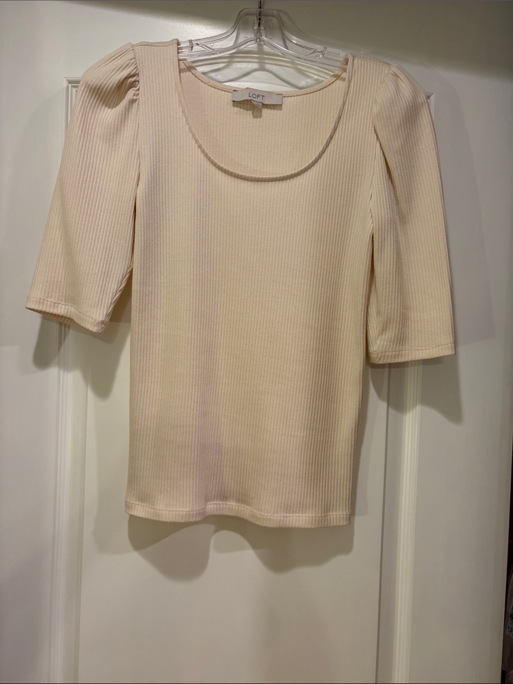 LOFT Cream Ribbed Scoop Neck Short Sleeve Top
